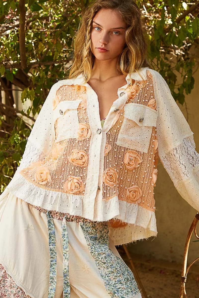 Long Sleeve Flower Pearl Detail Button Down Shirt Top by POL