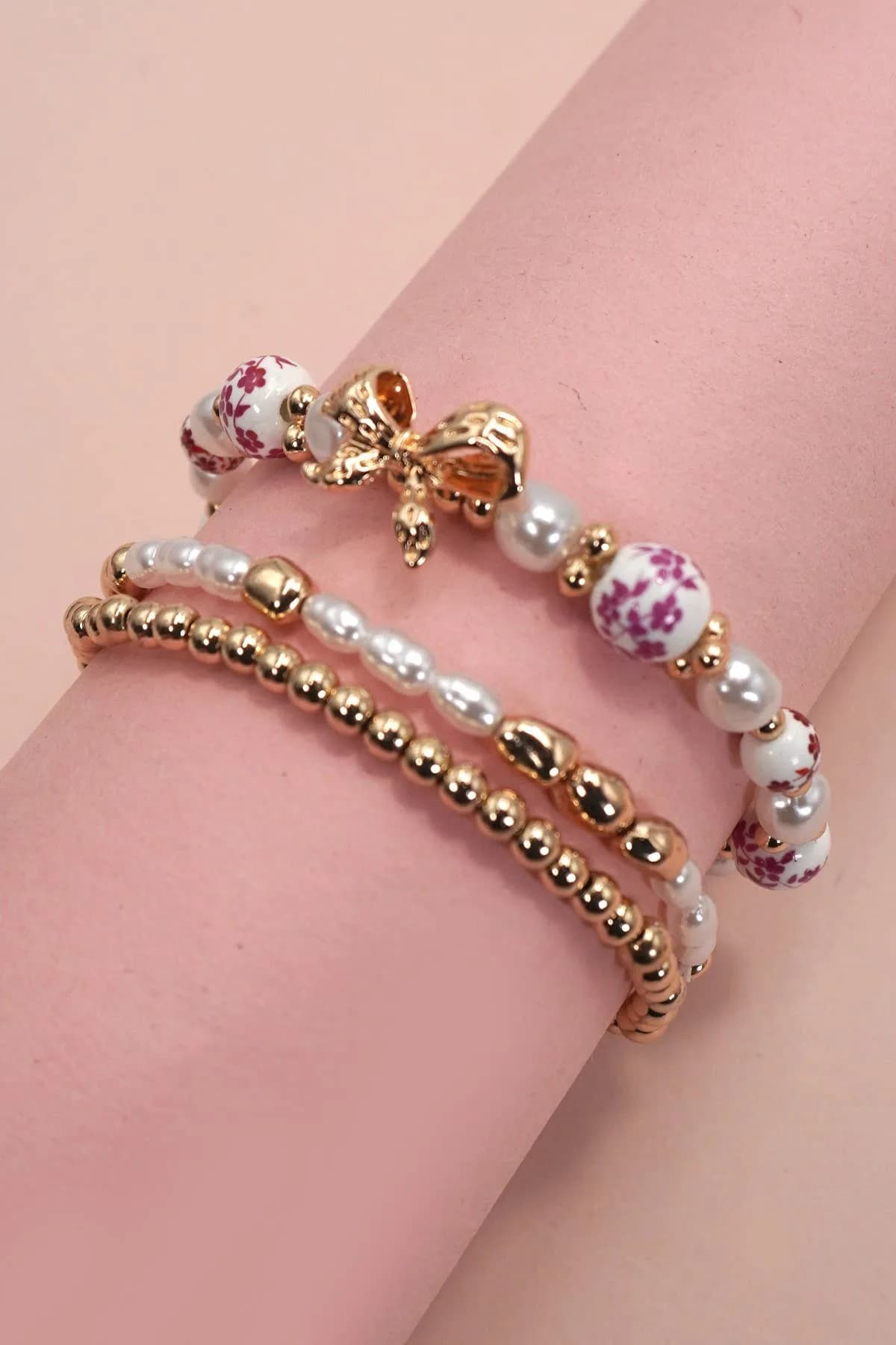 Pink Ceramic Porcelain Bow Multi-Layer Ball and Pearl Bracelet