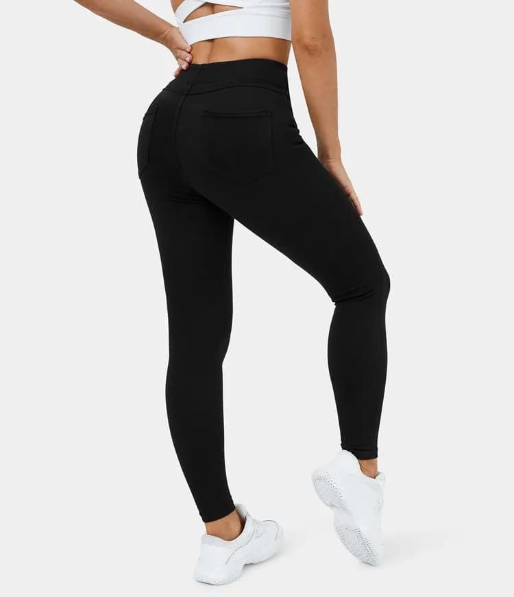 High Waisted Back Pocket Stretchy Knit Denim Casual Leggings by Halara (Black)