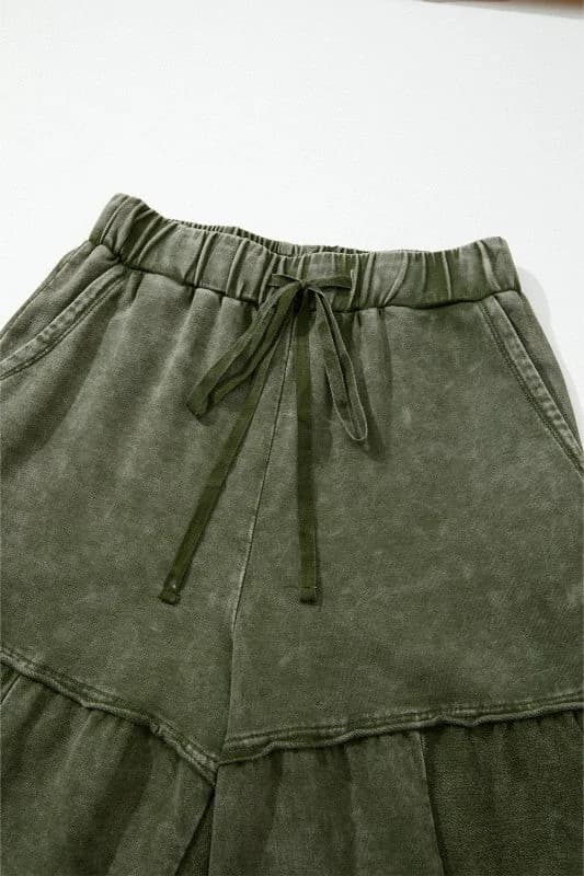 Mineral Wash Patchwork Tiered Wide Leg Pants