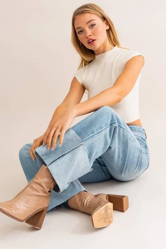 High Waisted Wide Leg Cuffed Jeans by Le Lis