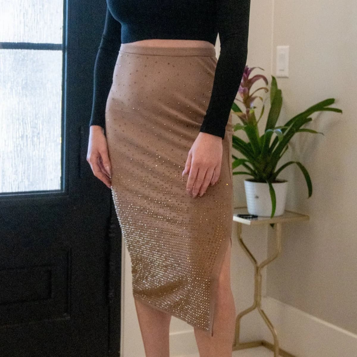 Stretch Bodycon Fitted Studded Side Slit Midi Skirt