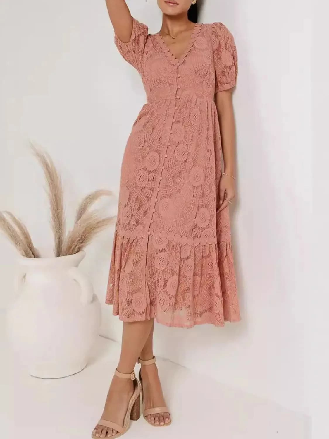 Lace V-Neck Short Sleeve Dress