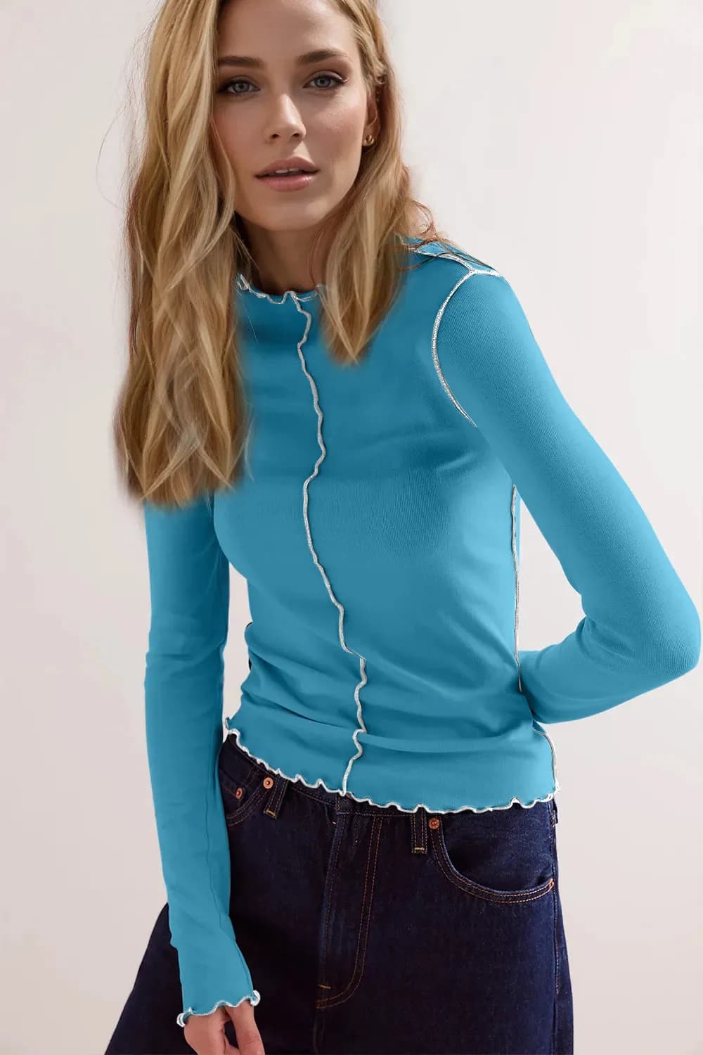 Basic Bae Contrast Trim Mock Neck Long Sleeve T-Shirt in Multiple Colors