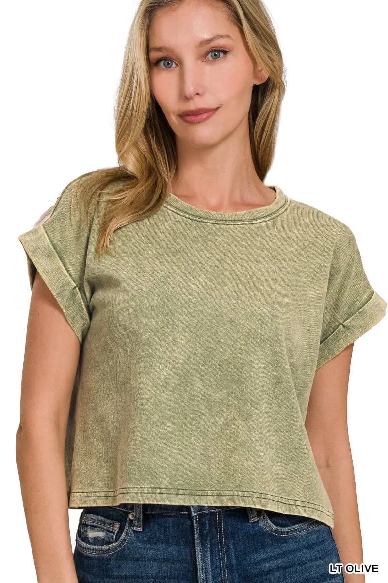 Acid Wash Cotton Folded Sleeve Top Zenana