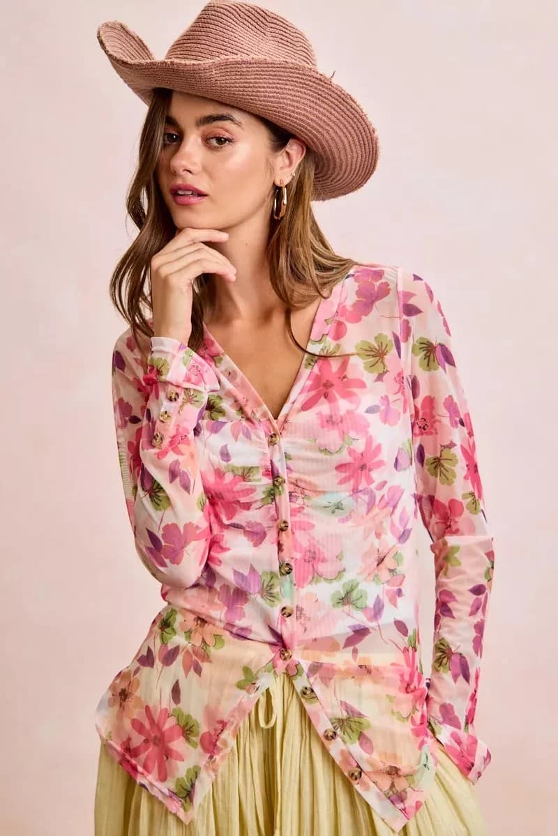 BiBi Floral Shrried Detail Button Up Mesh Cardigan Top