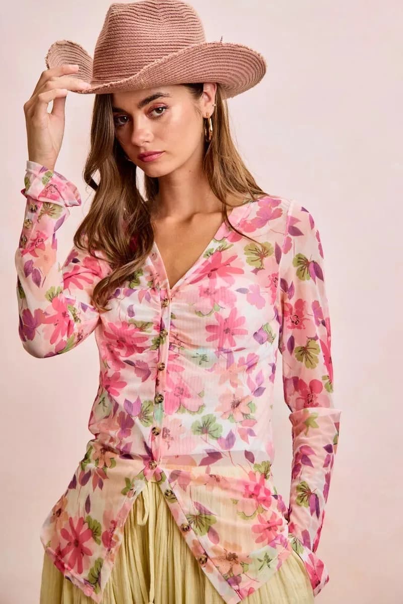 BiBi Floral Shrried Detail Button Up Mesh Cardigan Top