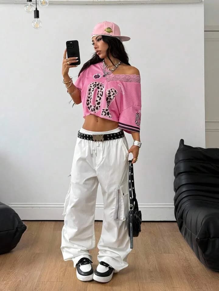 01 Leopard Pink Lace Mesh Trim Crop Top Jersey