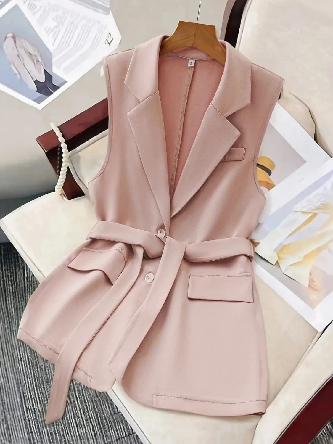 Tie Waist Lapel Collar Sleeveless Blazer In Pale or Black