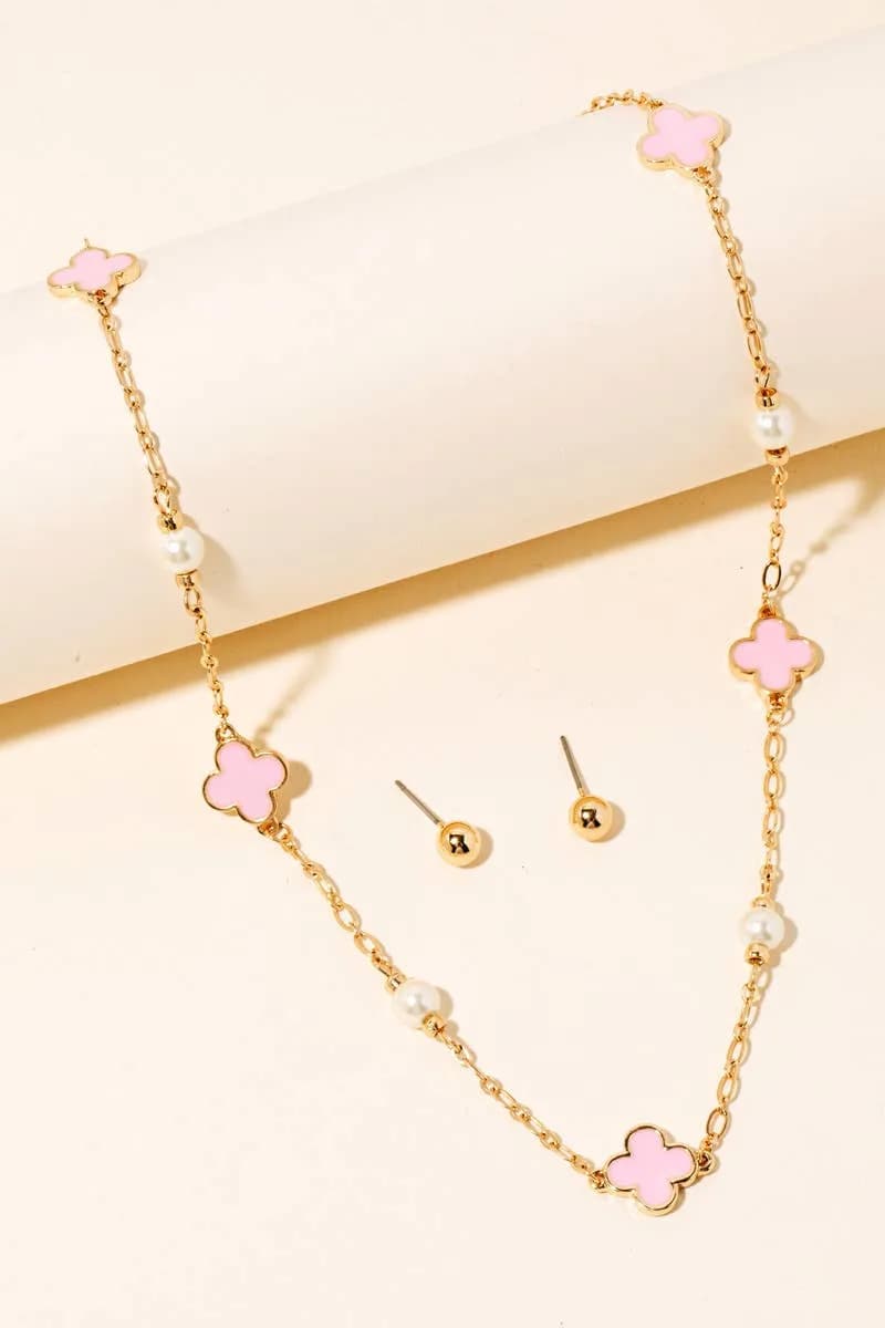 Clover and Pearl Station Charms Chain Necklace Set Anarchy Street (Pink)