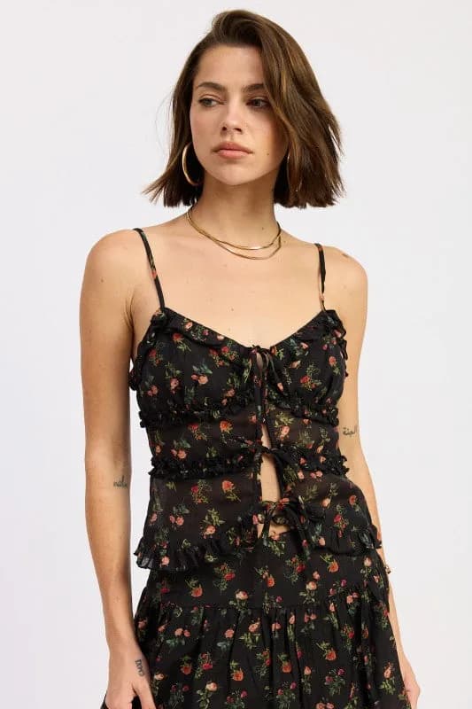 RUFFLED CAMI TOP WITH FRONT TIE