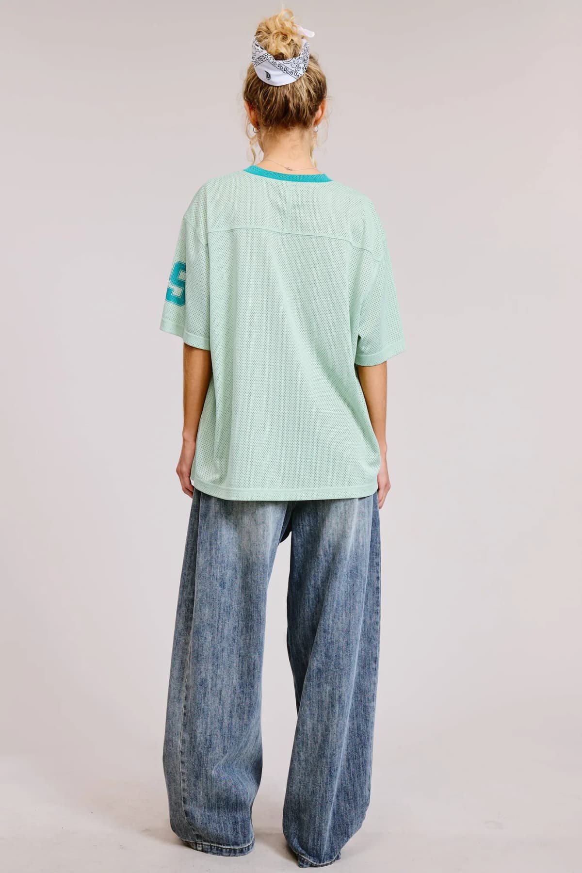 Mint V Neck Sporty Jersey Shirt Top With Printed 89