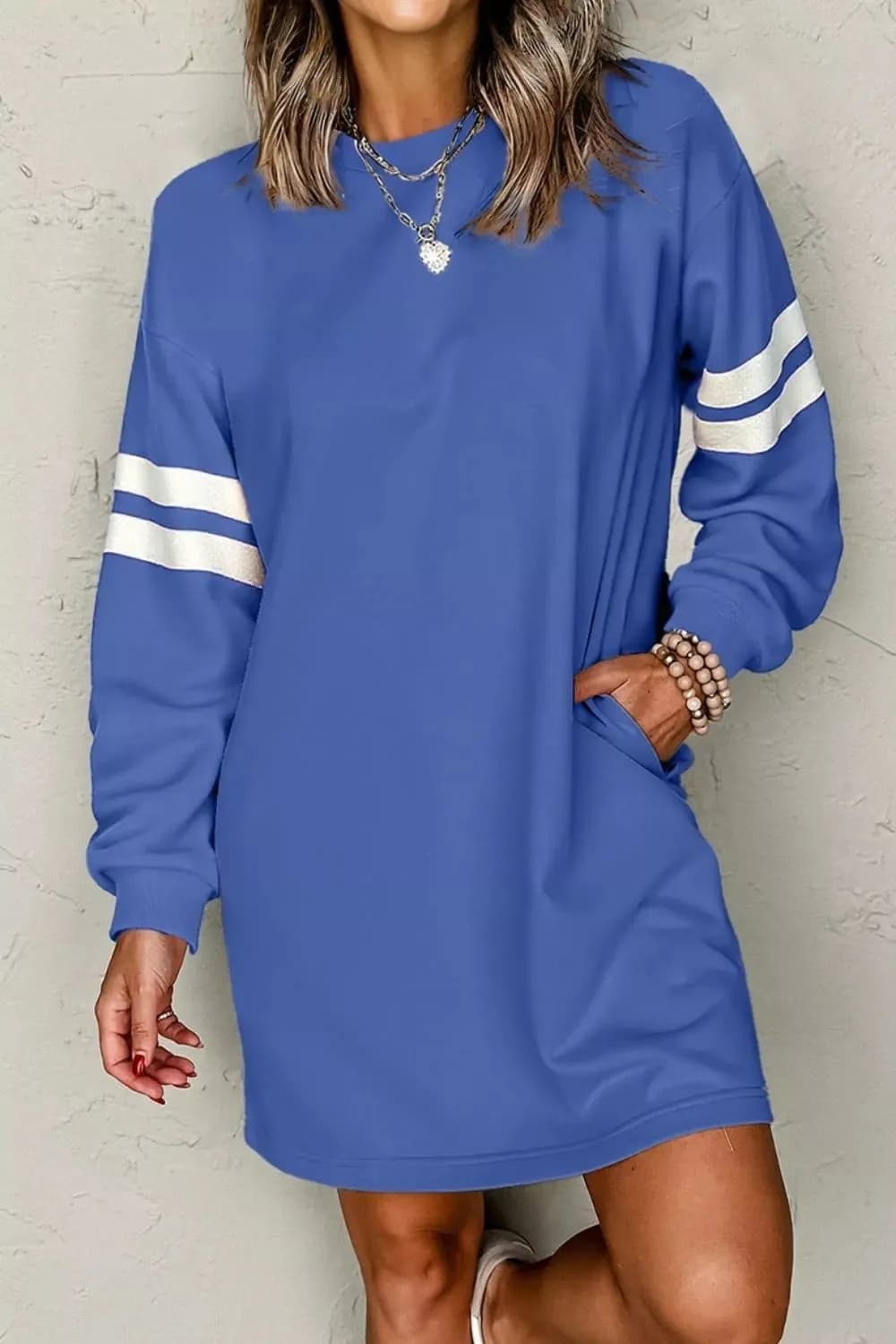 Stripe Long Sleeve Casual Sweatshirt Dress in Multiple Colors