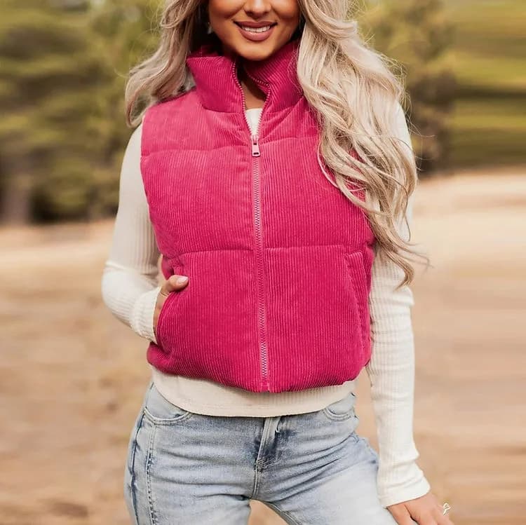 Corduroy Stand Collar Cropped Shoulder Vest Hiddenbrand (Black)