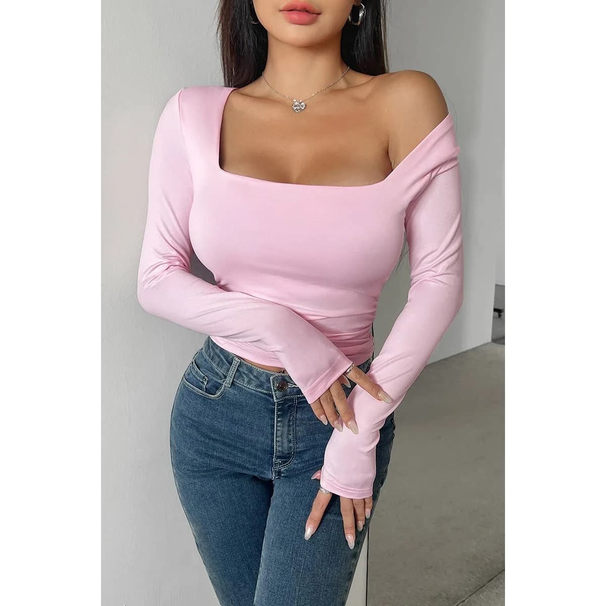 Solid Square Neck Elastic Long Sleeves Shirt