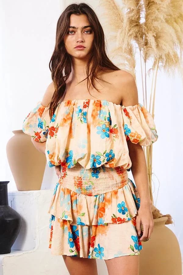 Smocked Floral Waistband Tiered Mini Skirt