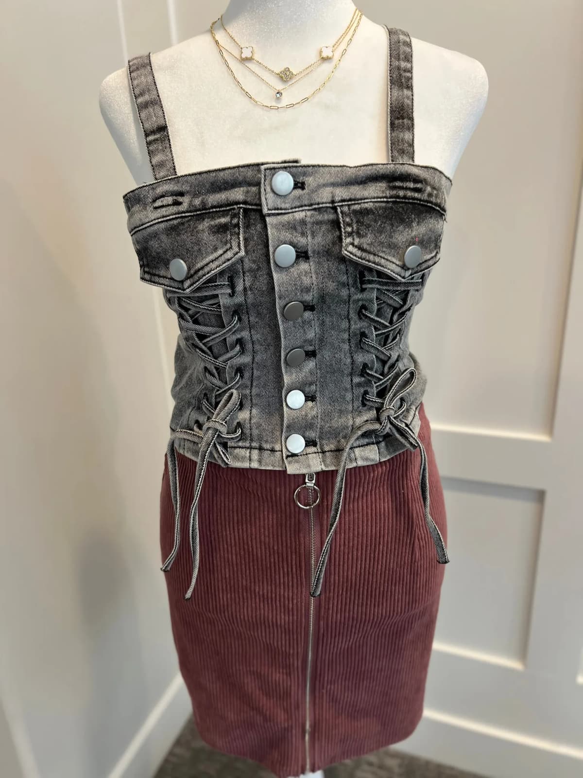 Denim Button Down Lace Up Detail Smocked Back Crop Top