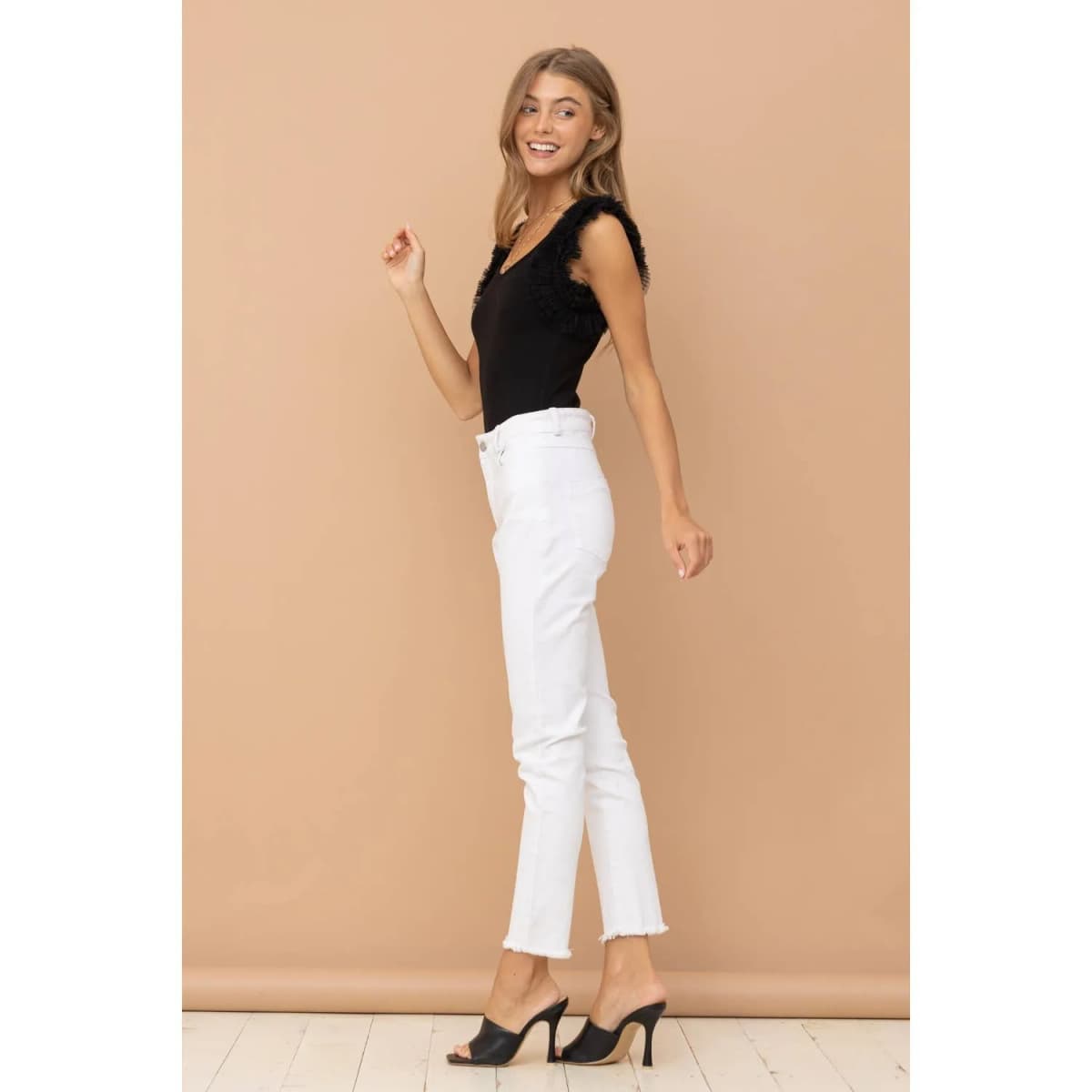 Tulle Ruffle Black Sleeve Bodysuit Apolline (White)
