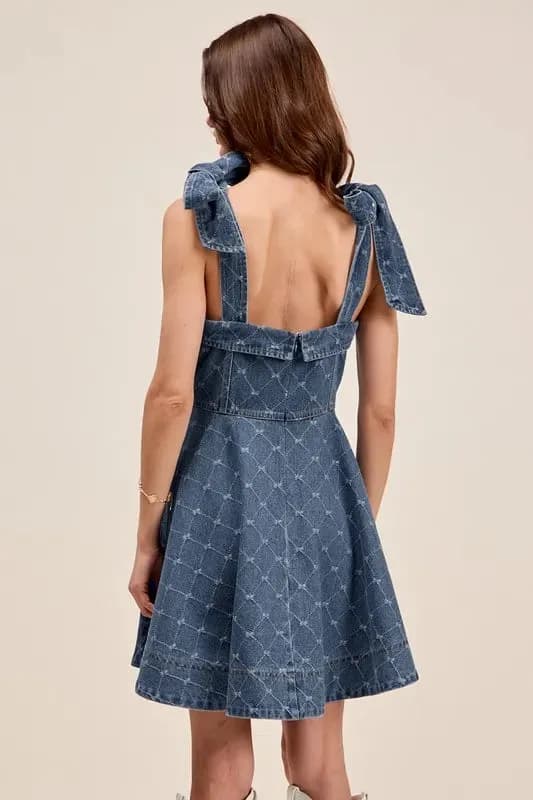 A Line Fit and Flare Diamond Bow Ribbon Denim Dress