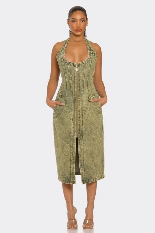 Contour Fit Zip-Front Denim Midi Dress