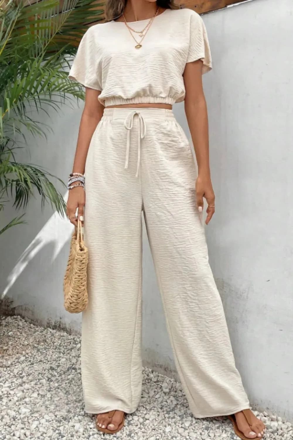 Round Neck Short Sleeve Top and Pants Set in Multiple Colors