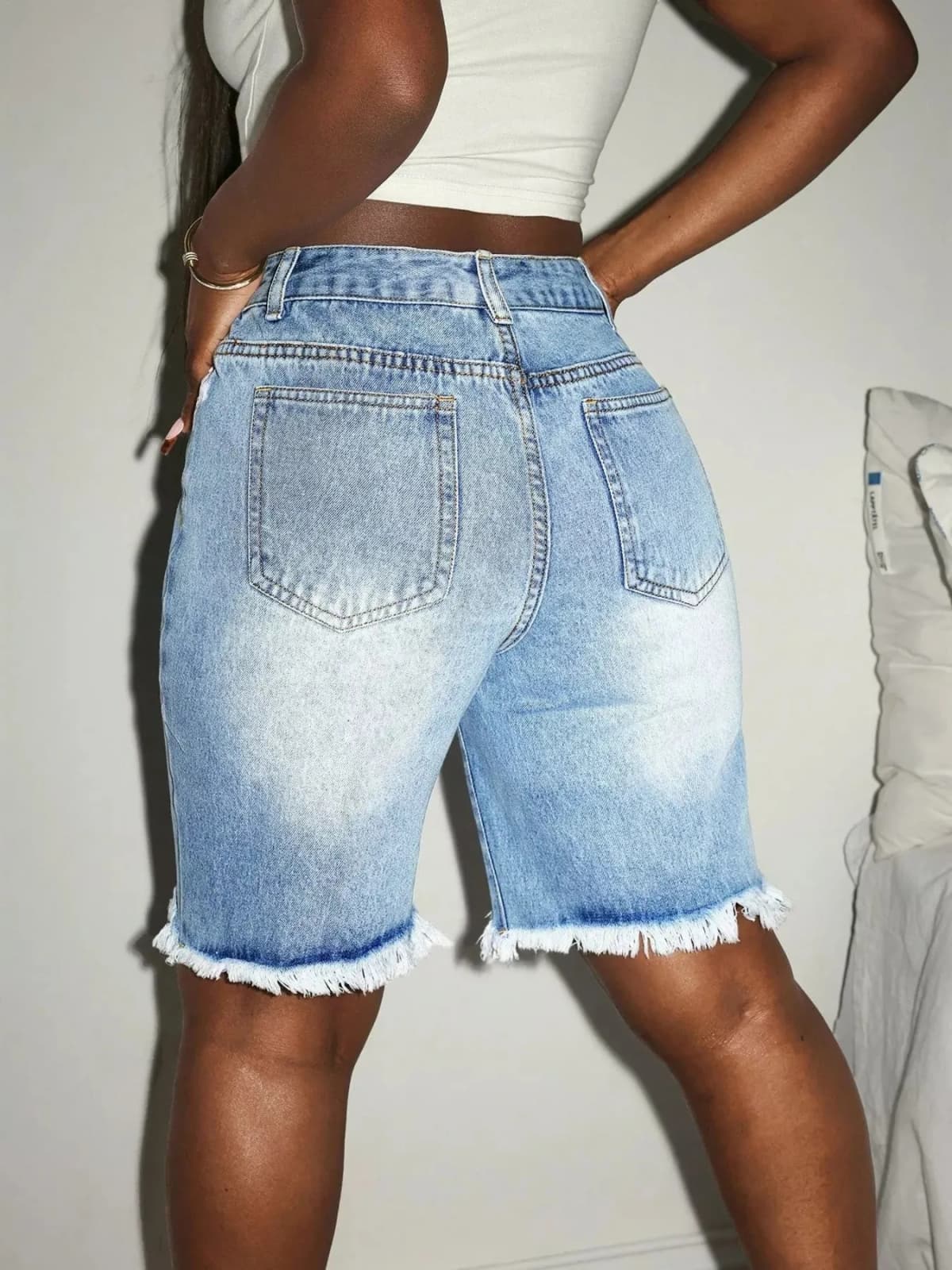 Distressed High Waist Frayed Hem Denim Shorts