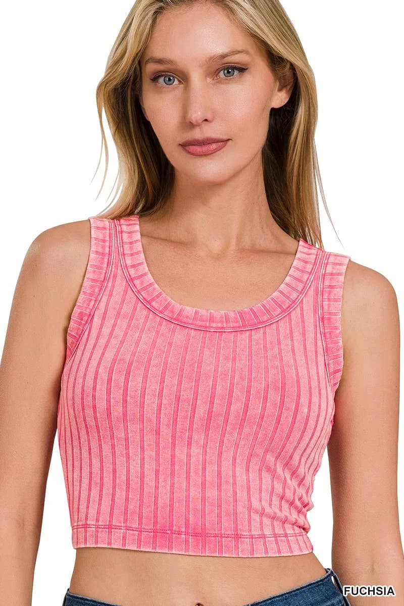 Ribbed Sleeveless Scoop Neck Cropped Tank Buttery Soft Top Zenana (Classic Blue)