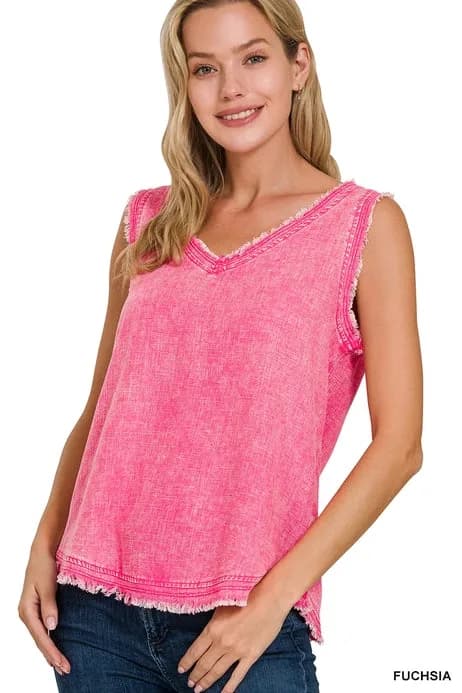 Washed Linen Frayed Edge Vneck Sleeveless Top Zenana
