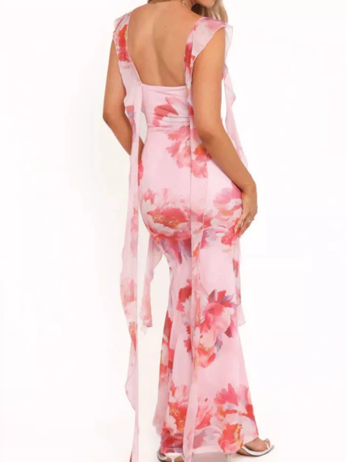 Floral Print Ruffle Trim Bodycon Maxi Dress
