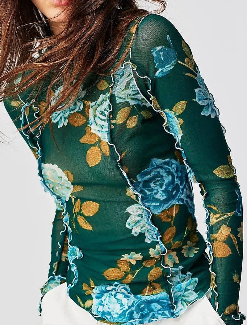Floral Ruffle Trim Long Sleeve Top