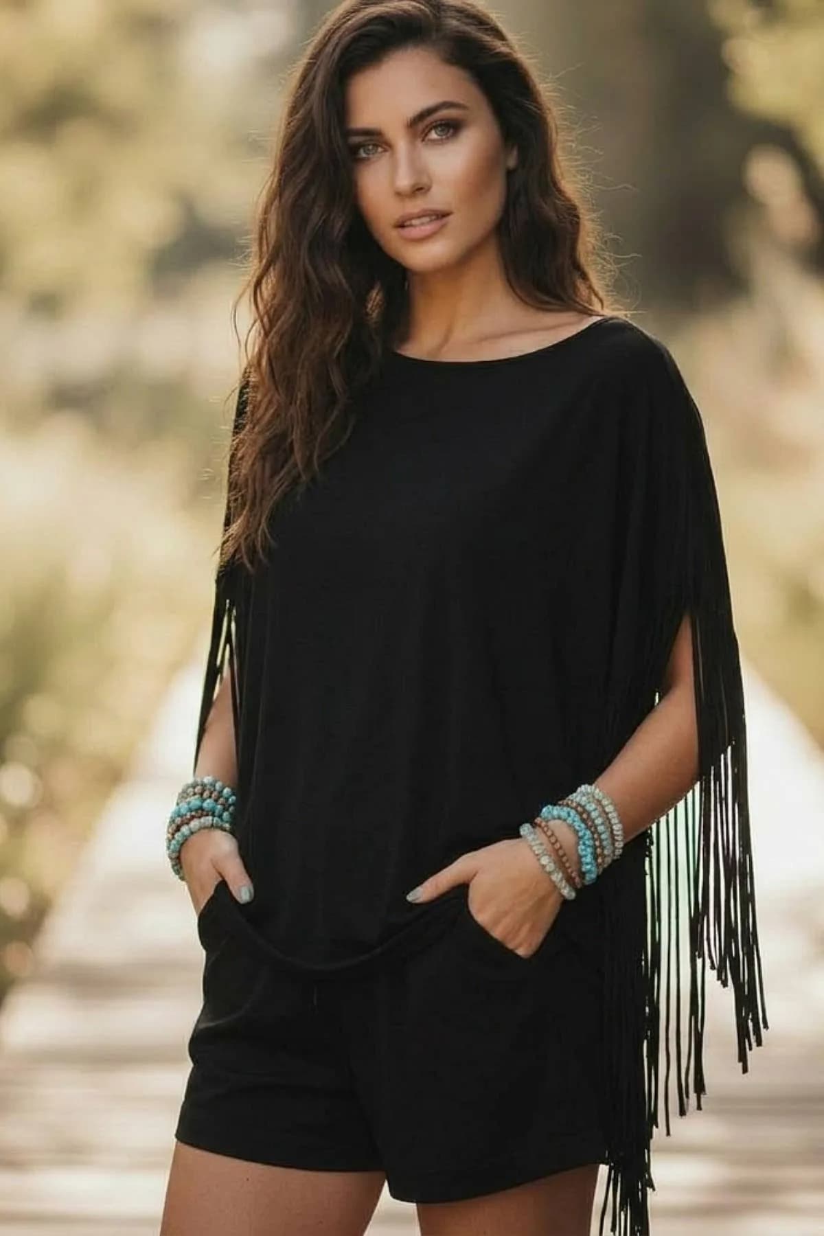 Shally Solid Soft Stretch Fringed Tunic Top