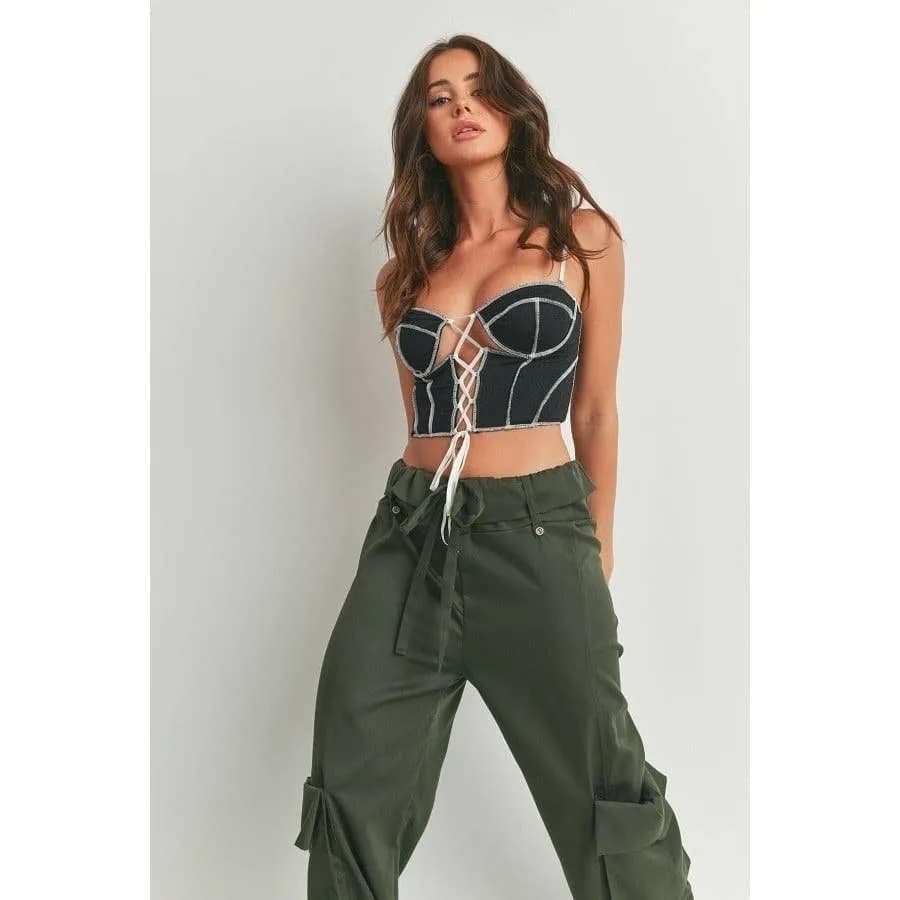 Contrast Stitching Open Back Crop Bustier (Black)