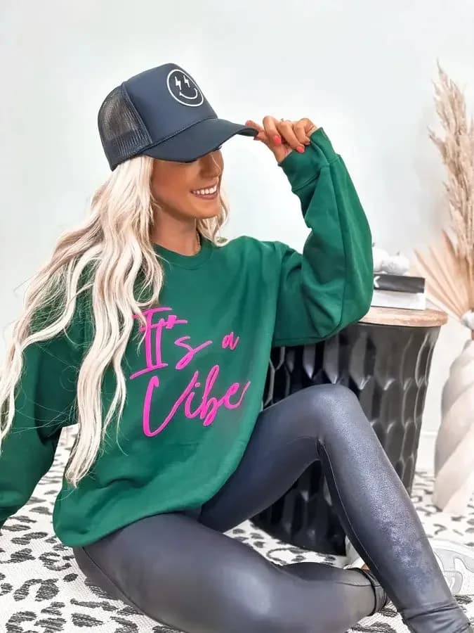 It's A Vibe Forest Green Graphic Crewneck