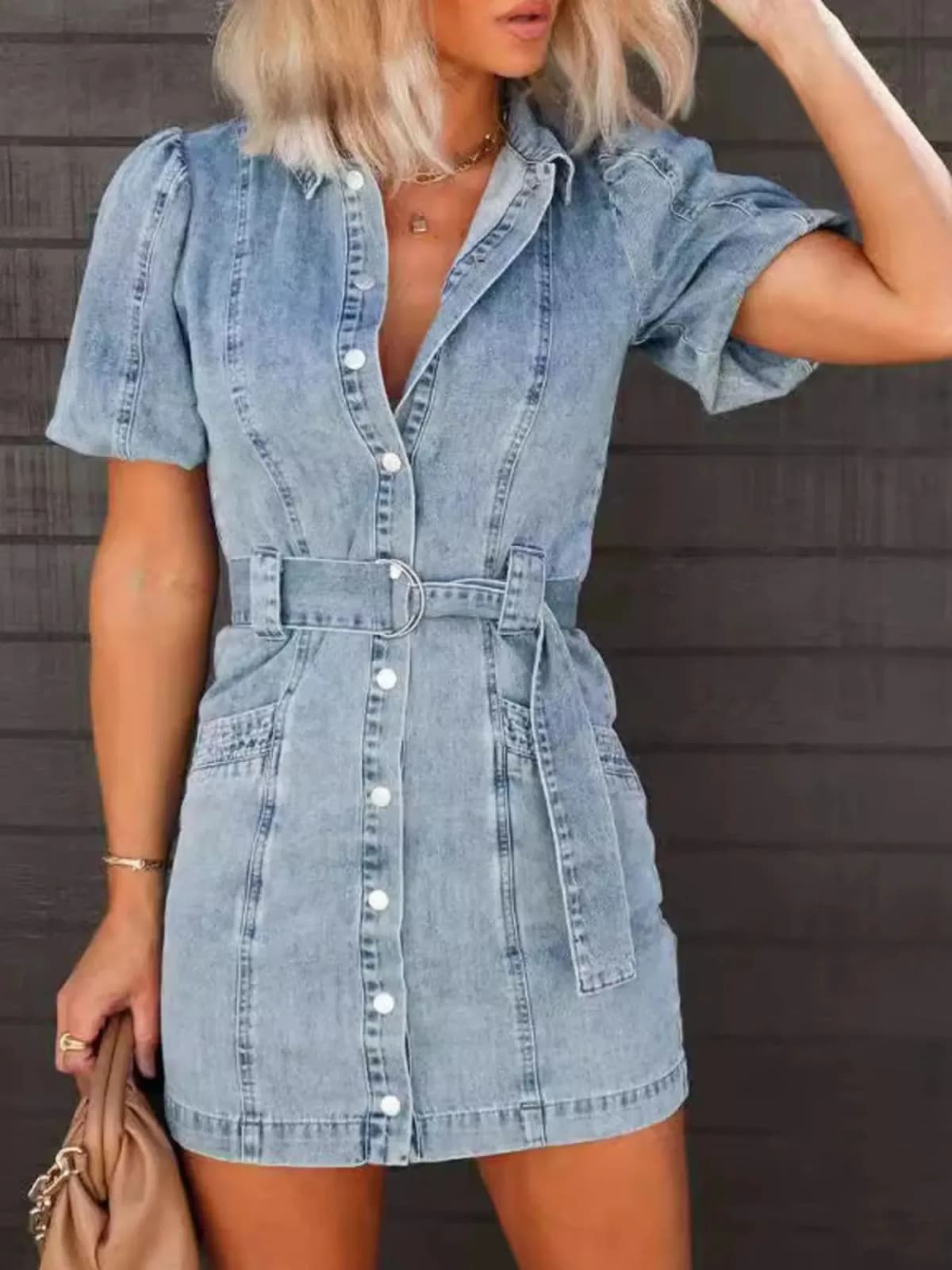 Button-Up Puff Sleeve Denim Shirt Dress