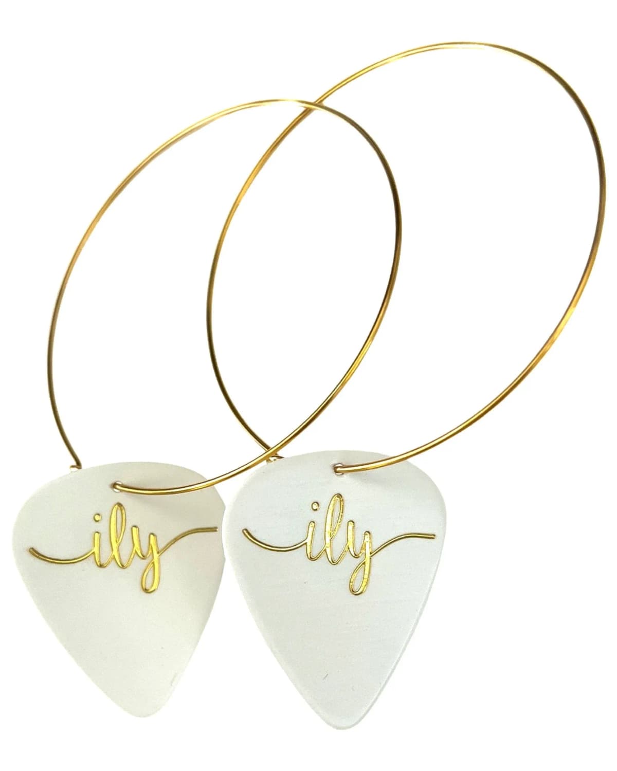 14K Gold Filled ILY White Guitar Pick Hoop Earrings (50mm)
