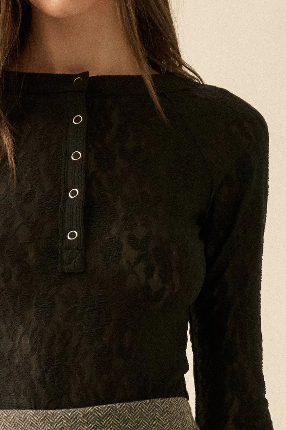 Floral Lace Raglan Sleeve Henley Top by Promesa