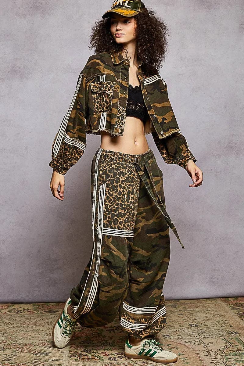 Printed Woven Contrast Band Trim Jogger Pants by POL