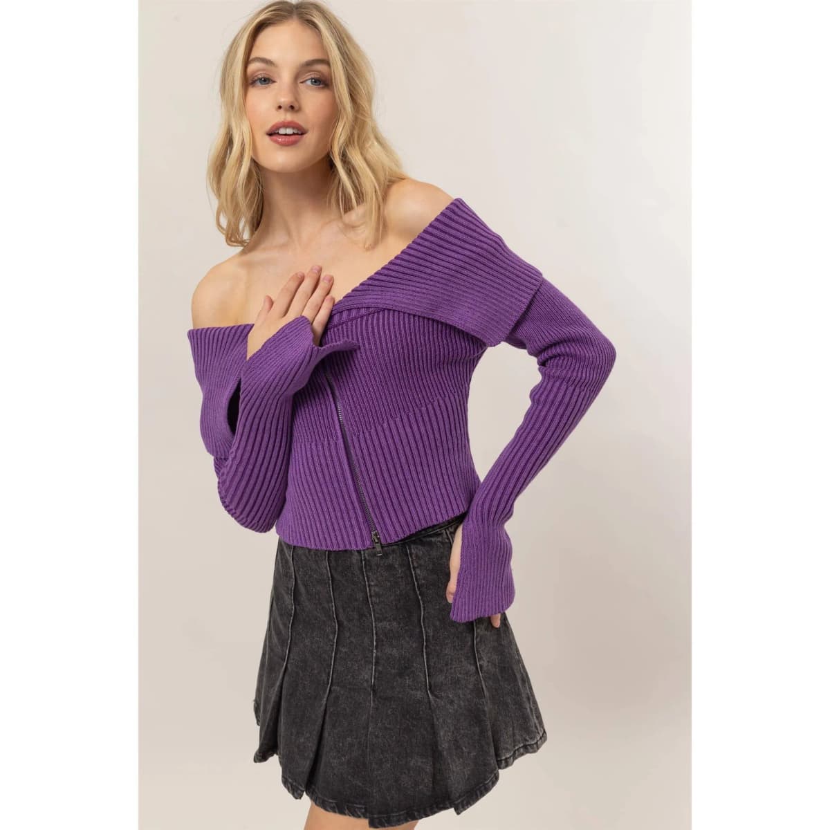 Washed Off Shoulder Zipper Front Sweater Top