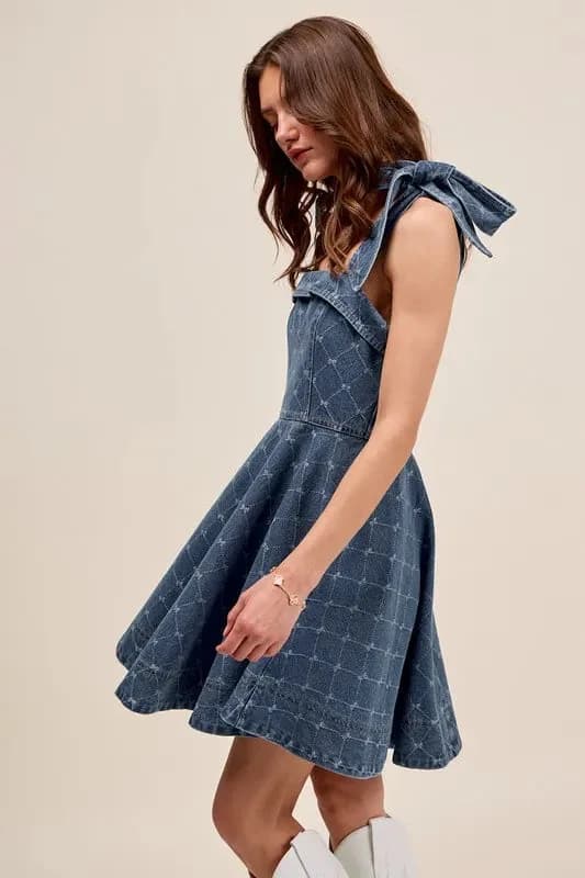 A Line Fit and Flare Diamond Bow Ribbon Denim Dress