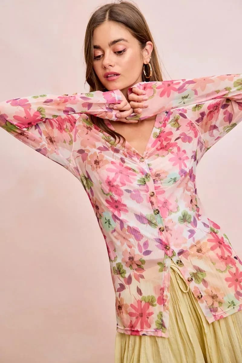 BiBi Floral Shrried Detail Button Up Mesh Cardigan Top