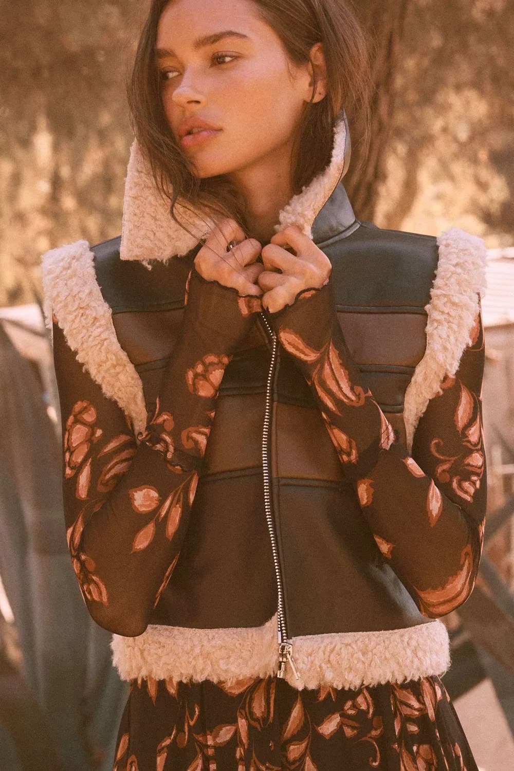Faux Leather and Sherpa Fleece Colorblock Vest