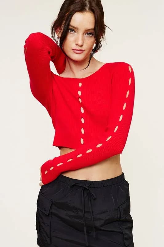 Red Long Sleeve Knit Top With Asymmetrical Cut Out Top