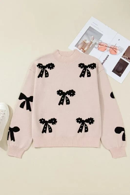 Bow Pearl Embellished Drop Shoulder Sweater