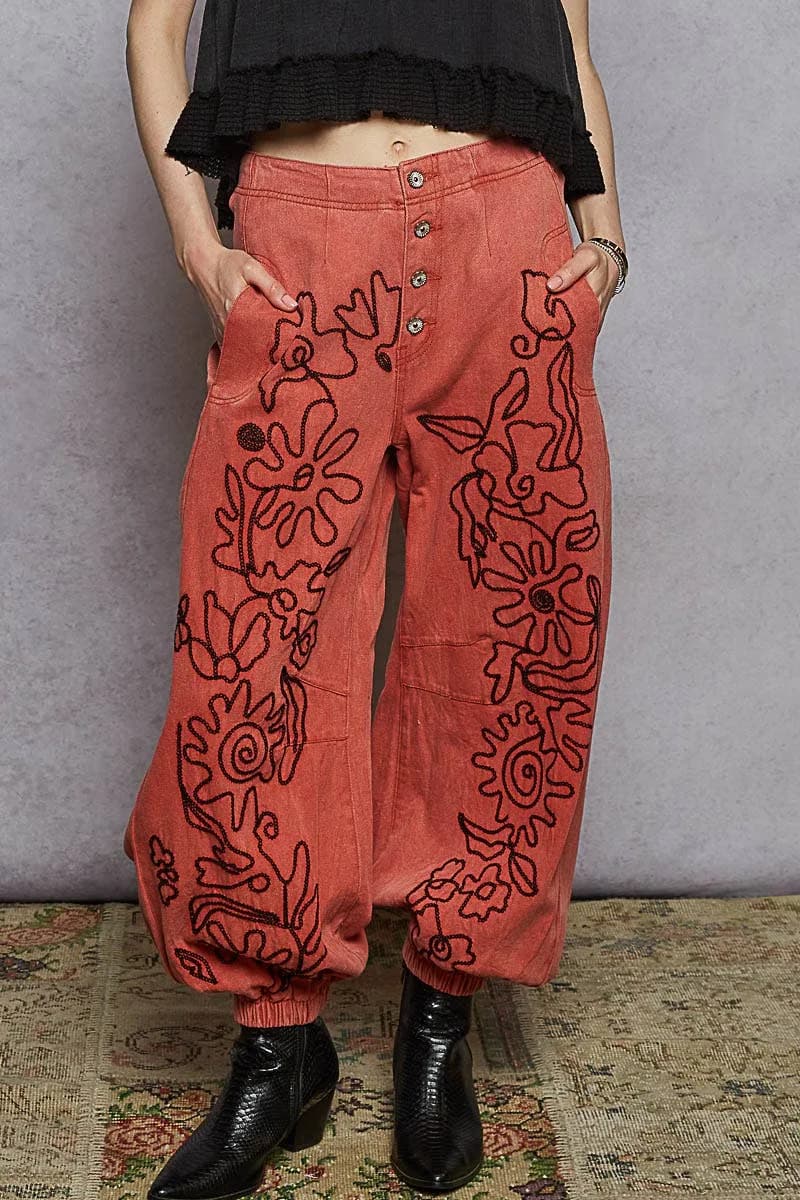 Floral Embroidered Pattern Solid Twill Jogger Pants by POL