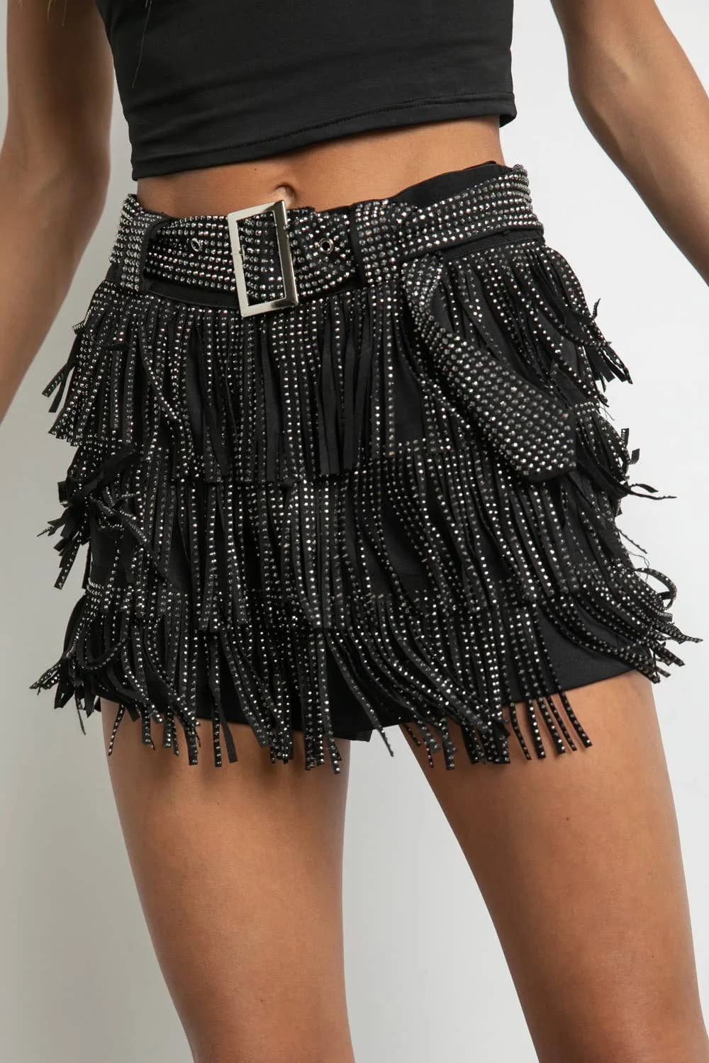 Embellished Faux Suede Western Fringe Skort