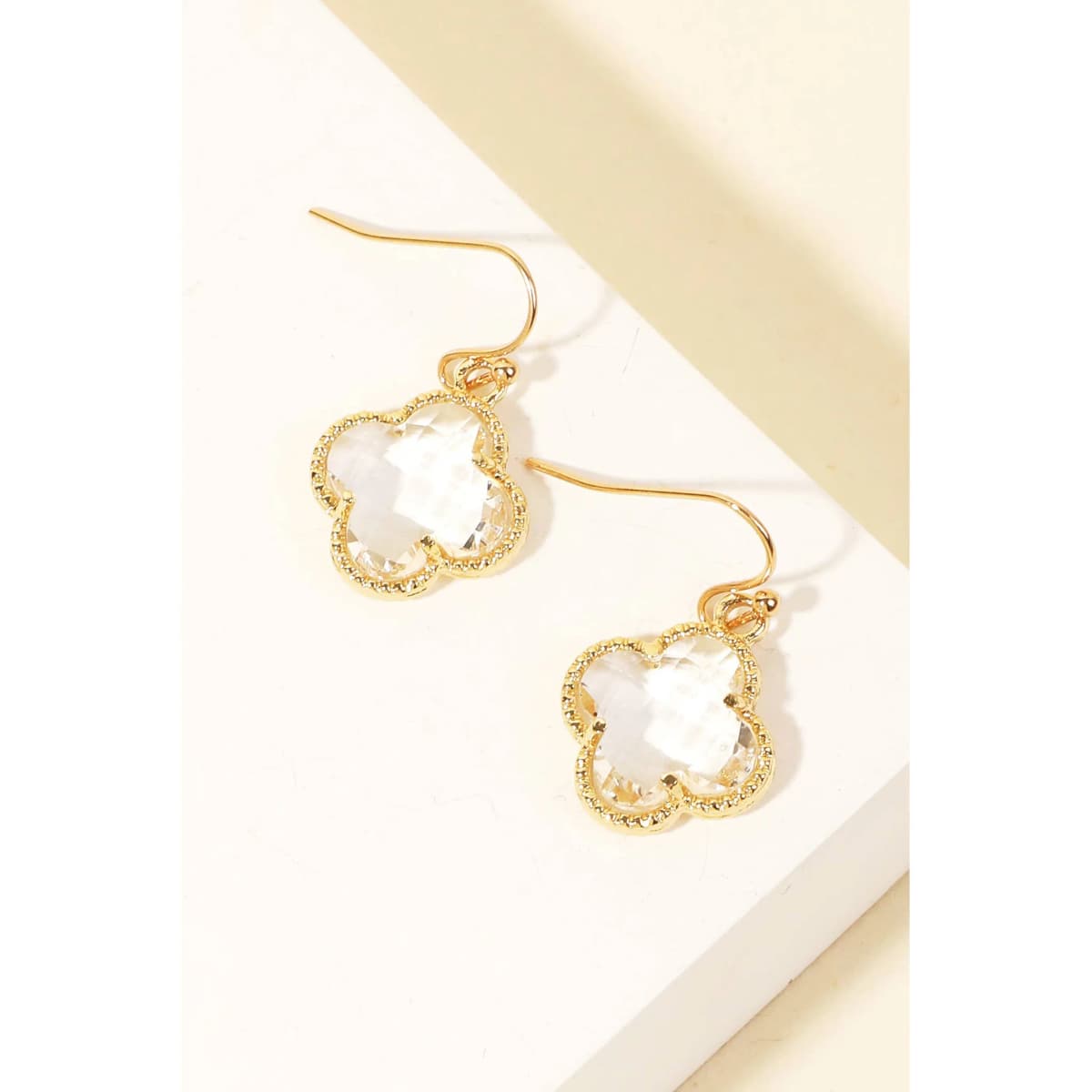 Rhinestone Clover Charm Dangle Earrings (Gold)