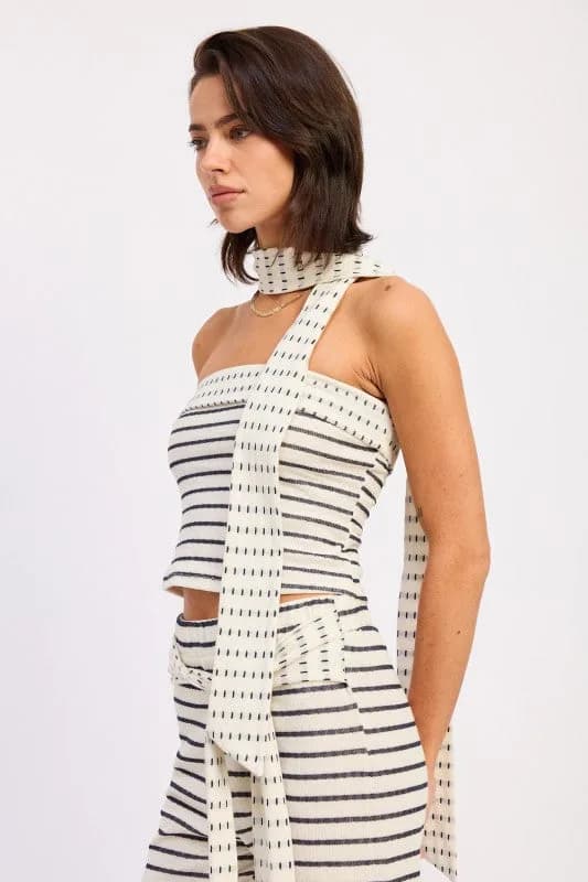 CONTRASTED DOUBLE JACQUARD TUBE TOP WITH SCARF