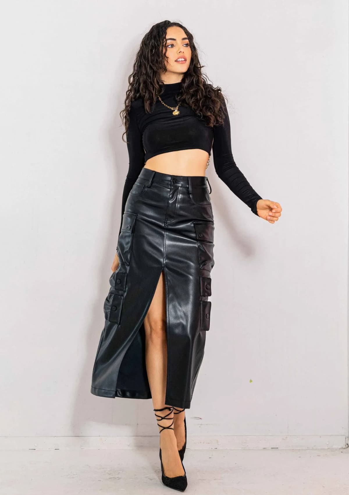 Vegan Leather Cargo Column Skirt