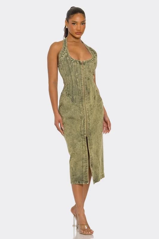 Contour Fit Zip-Front Denim Midi Dress