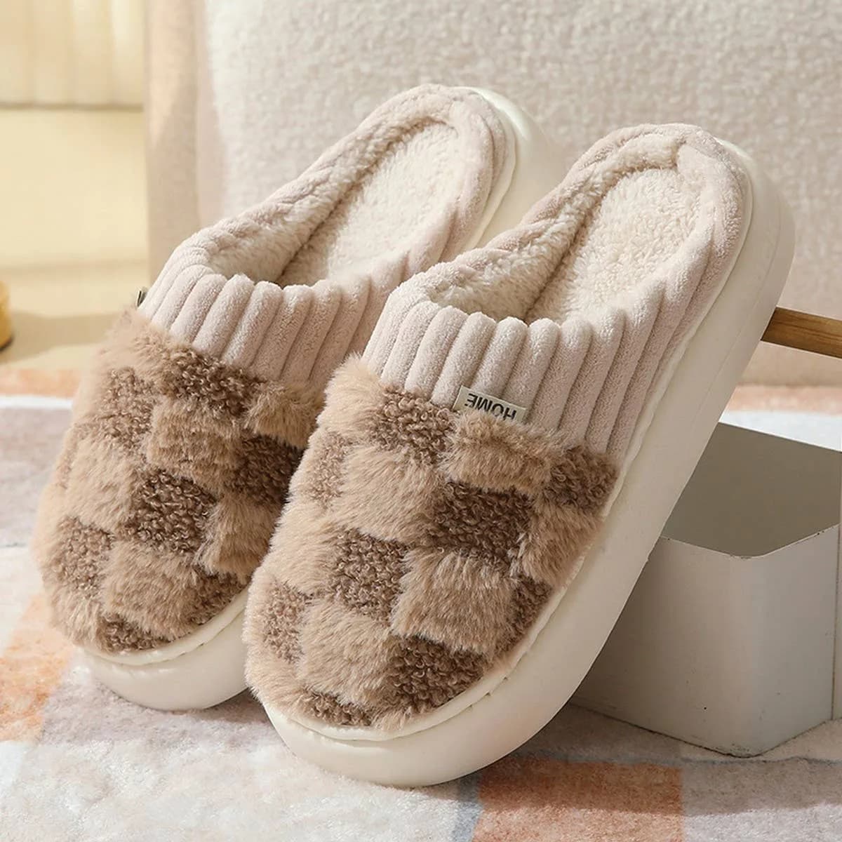 Checkered Fuzzy Warm Slippers